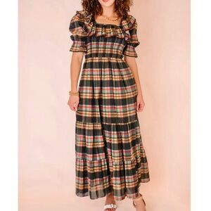 NWT Ivy City Co Gracie Dress in Plaid Square Neck Puff Sleeve Midi Size Medium M